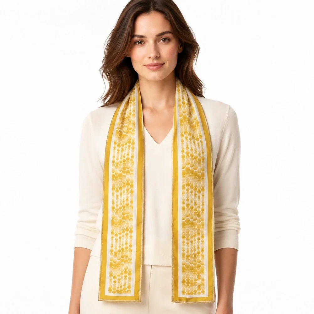 The Limited Silk Scarf Yellow White Polka Dot Geo Oblong Striped Border 114-02